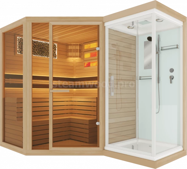 Четырехместная угловая финская сауна Comfort  из кедра с Душевой кабиной