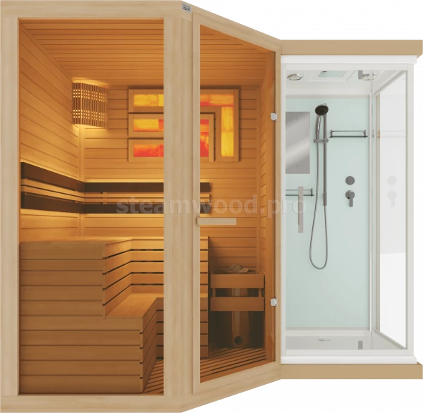 Трехместная угловая финская сауна Comfort  из кедра с Душевой кабиной