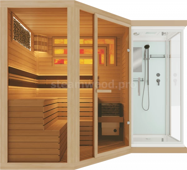 Четырехместная угловая финская сауна Comfort  из кедра с Душевой кабиной